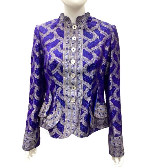 VTG Designer Polatof Women’s Blazer Size M Silk Embroidered Ruffled Royal Blue